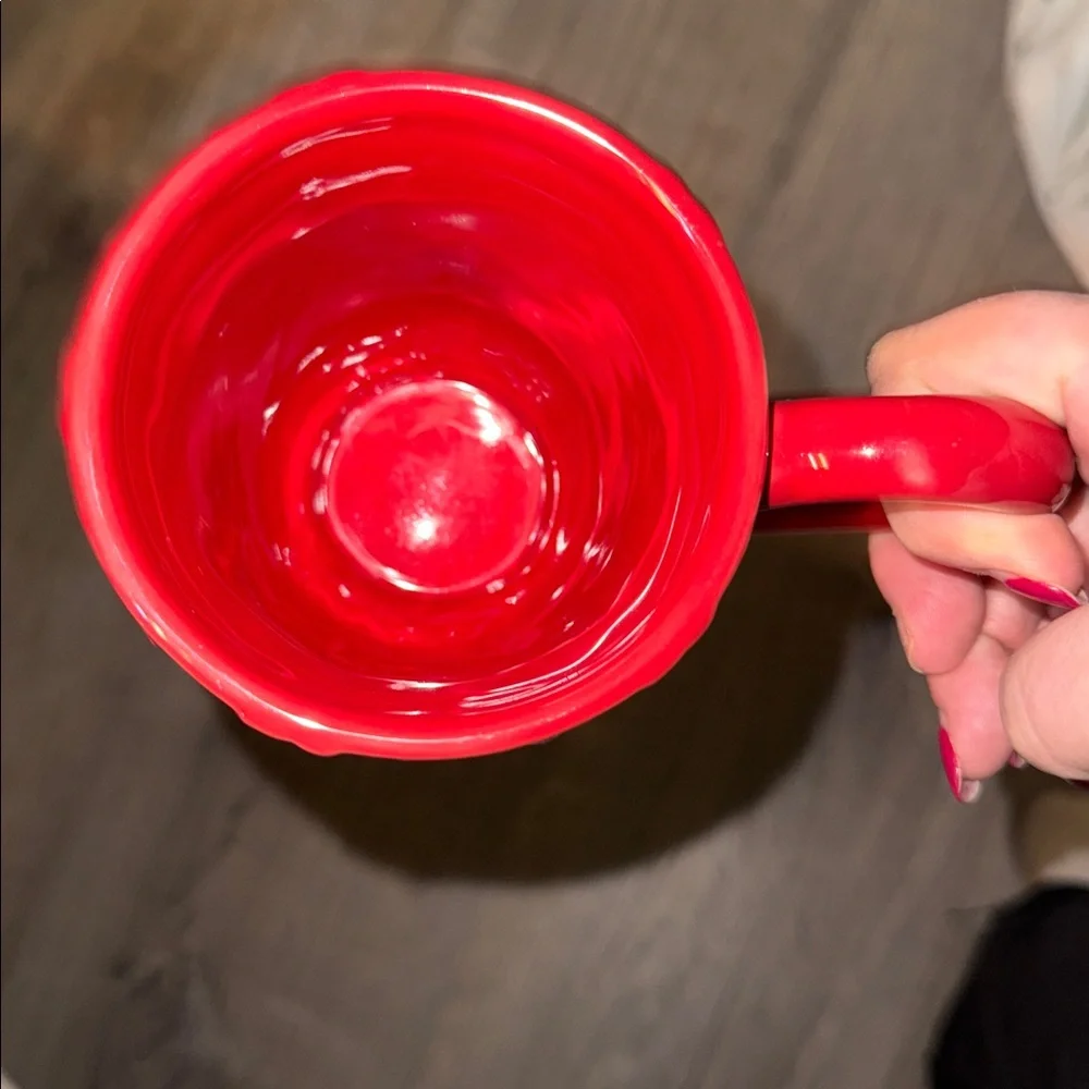 William Sonoma Red Holiday Mug with Embossed House with Sled Design